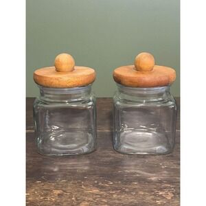 Pair of Vintage Square Glass Canisters with Wooden Lids